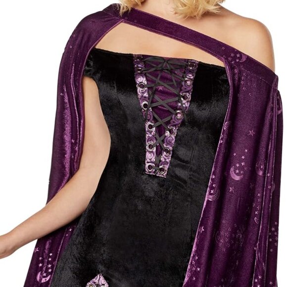 Spirit Halloween Adult Celestial Witch Costume Black Dress Velvet Purple Cape - Picture 2 of 8